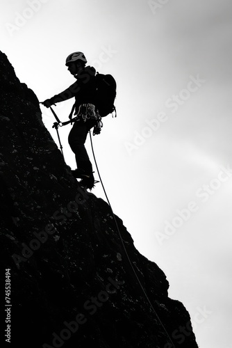 Silhouette of a climber on the top of a mountain. hiking
