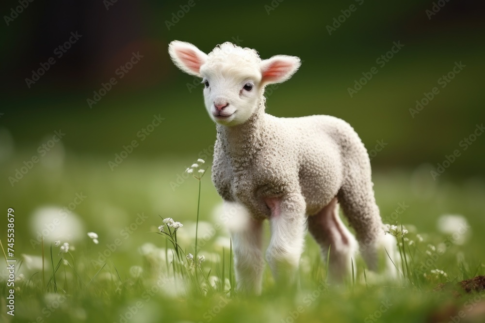 Fototapeta premium Cute sheep in a field on the background of mountains