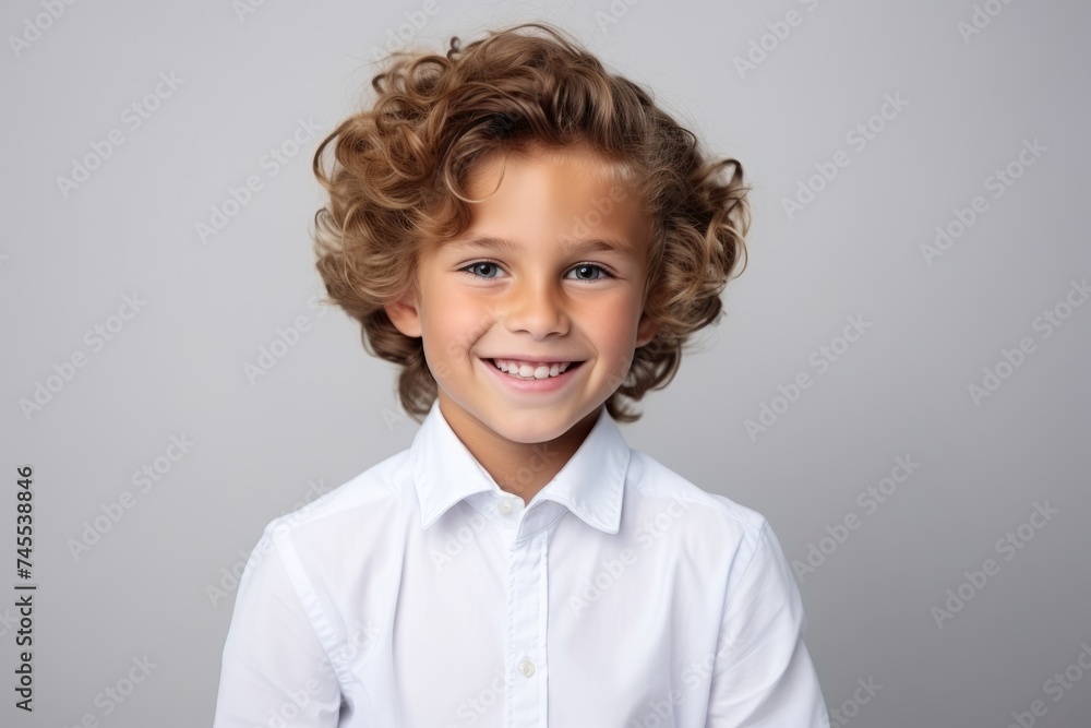 Portrait of a smiling little boy in a white shirt over grey background Portrait of a smiling little boy in a white shirt over grey background