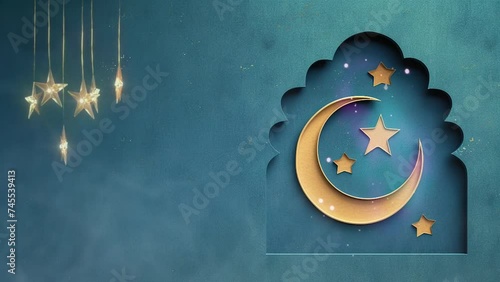 ramadan eid mubarak with paper mosque window with stars and islamic lantern with glitter