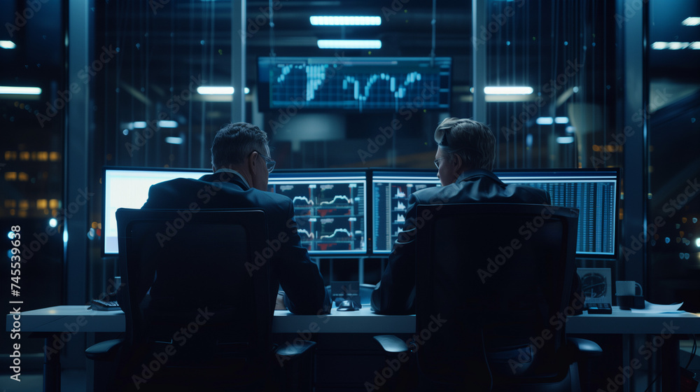  Two Businessman Using Computer in Stock Exchange Traders 