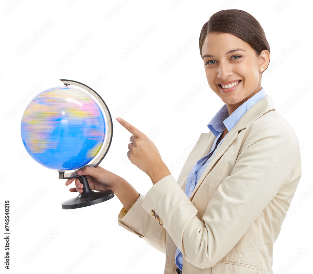 Portrait, planet or woman with a globe, pointing or employee isolated on white studio background. Face, person or consultant with map or earth with teacher or geography with knowledge or eco friendly Portrait, planet or woman with a globe, pointing or employee isolated on white studio background. Face, person or consultant with map or earth with teacher or geography with knowledge or eco friendly