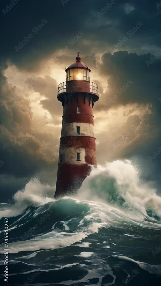 Lighthouse in the storm, bastion of light in the midst of raging waves and darkness. Imposing lighthouse in the middle of a stormy sea, with giant waves crashing against its base Lighthouse in the storm, bastion of light in the midst of raging waves and darkness. Imposing lighthouse in the middle of a stormy sea, with giant waves crashing against its base
