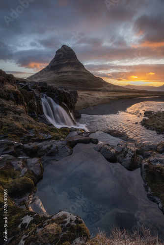Famous Kirkjufell mountain and waterfall at a toristic viewpoint in Snaefellsnes peninsula in west Iceland