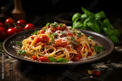 Italian pasta dish. Tomato dinner meal. Generate Ai