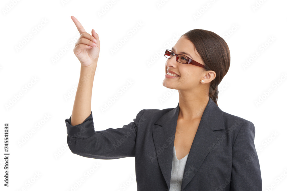 Face, smile and pointing with business woman in studio isolated on white background for planning. Future, vision and glasses with hand gesture of happy young employee in suit for corporate career Face, smile and pointing with business woman in studio isolated on white background for planning. Future, vision and glasses with hand gesture of happy young employee in suit for corporate career