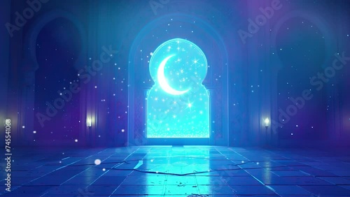 ramadan eid mubarak with paper mosque window with stars and islamic lantern with glitter