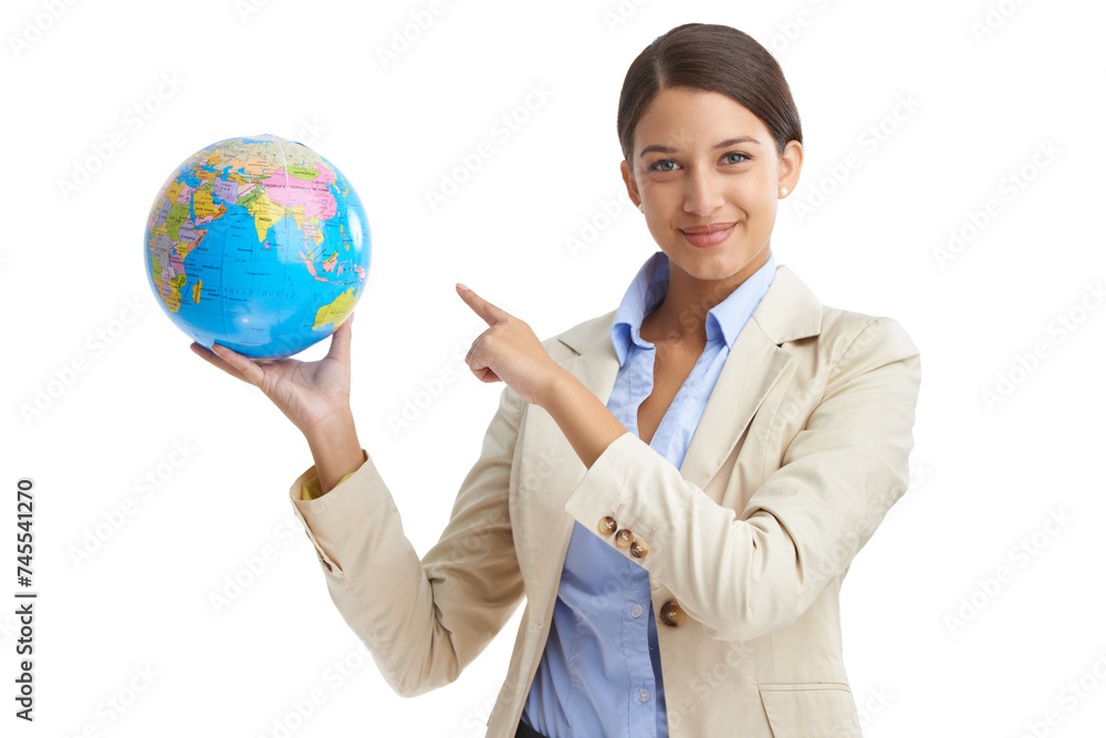 Portrait, business and woman with a globe, pointing and employee isolated on white studio background. Face, person and consultant with smile or earth with teacher and geography with education or map Portrait, business and woman with a globe, pointing and employee isolated on white studio background. Face, person and consultant with smile or earth with teacher and geography with education or map