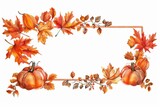 Artistic watercolor illustration of an autumn-themed frame Featuring leaves and pumpkins Isolated on a white background.