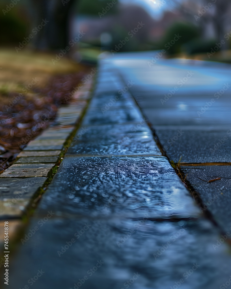 Raindrops on a cobblestone walkway in the park.