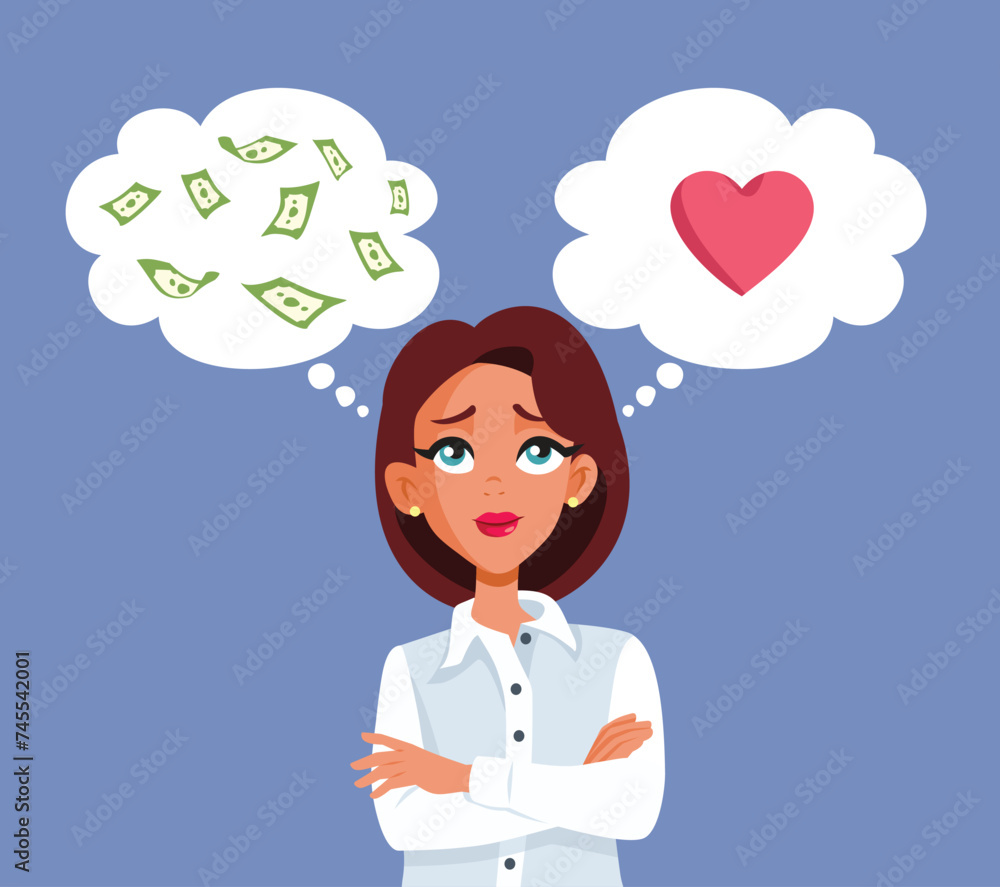 Woman Choosing Between Career and Love Vector Cartoon illustration. Career girl choosing between money and private life
Woman Choosing Between Career and Love Vector Cartoon illustration. Career girl choosing between money and private life