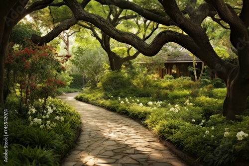 Paths trees backyard house. Garden outdoor. Generate Ai © juliars