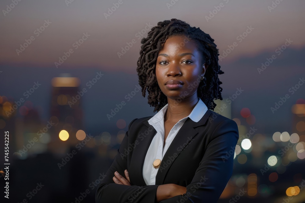 Confident african american businesswoman standing against a backdrop of the city at dusk Embodying success Determination And visionary leadership Confident african american businesswoman standing against a backdrop of the city at dusk Embodying success Determination And visionary leadership
