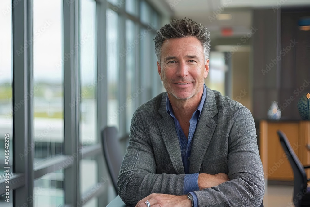 Confident and accomplished mid-career professional posing in a modern office environment Embodying leadership and success. Confident and accomplished mid-career professional posing in a modern office environment Embodying leadership and success.