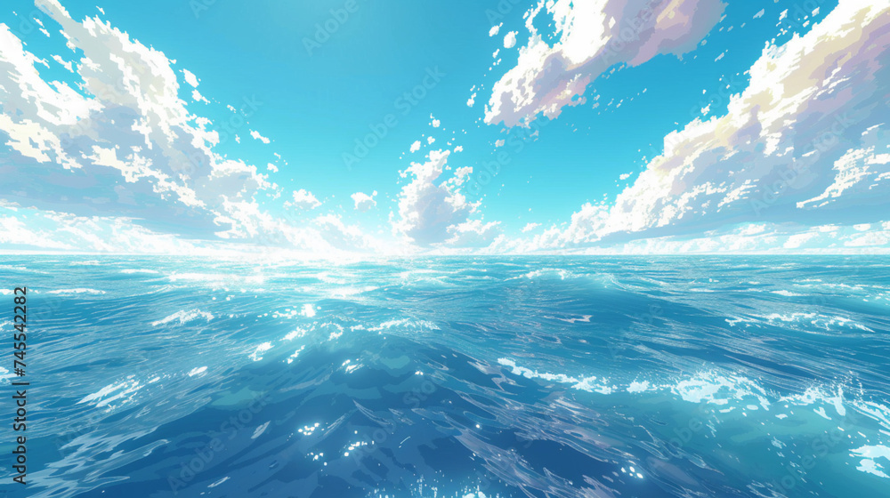 ピクセルアートスタイルの青空と青い海