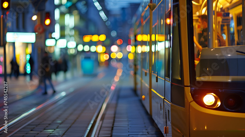 Tram in the city at night. Long exposure photo with selective focus