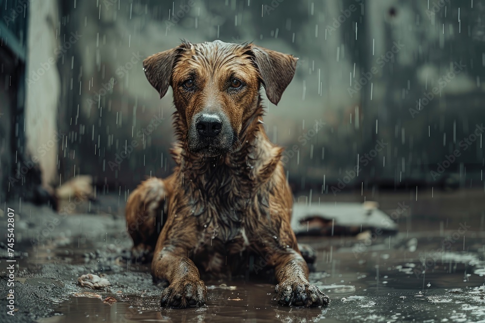 Stray dog, Stray homeless dog. Sad abandoned hungry dog sitting alone in the street under rain - obrazy, fototapety, plakaty 