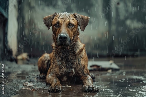 Stray dog, Stray homeless dog. Sad abandoned hungry dog sitting alone in the street under rain photo