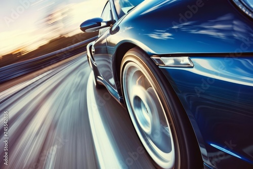 Dynamic image of a blue business car speeding around a corner Capturing the essence of high performance and the thrill of driving on an open road