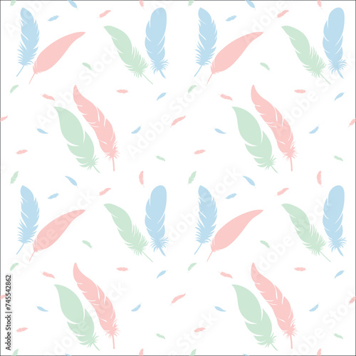 Blue, red and green feathers on white background. Seamless vector pattern.