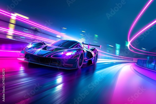 Dynamic view of a sports car race on a futuristic track with neon lights and city skyline in the background