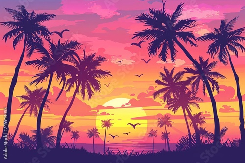 Elegant silhouettes of palm trees against a sky painted with the warm hues of a tropical sunrise or sunset Evoking a peaceful and idyllic atmosphere © Jelena