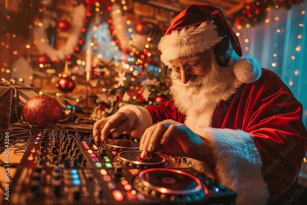 Festive christmas party with santa claus dj Set against a backdrop of holiday decorations Bringing joy and lively entertainment to the season - obrazy, fototapety, plakaty 