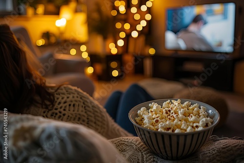 Family movie night at home with a cozy setup Enjoying popcorn and laughter in a warm living room atmosphere.