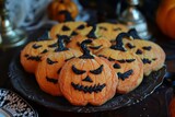 Halloween cookies Pumpkin shapes with evil faces Spooky table setting