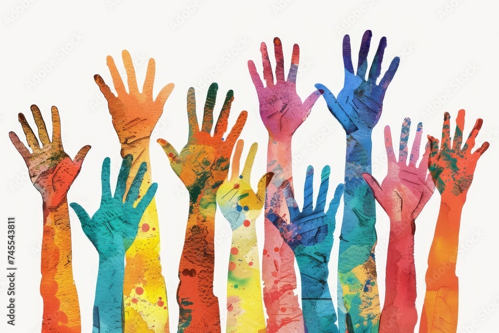 Illustration of diverse people raising their hands Symbolizing unity Human rights And collective strength in colorful art