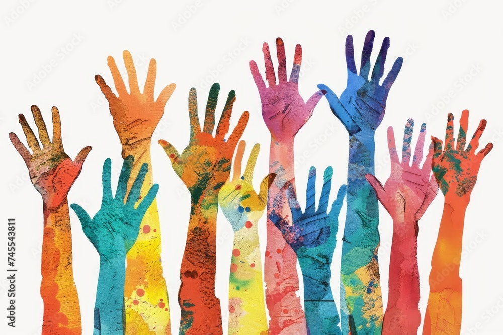 Illustration of diverse people raising their hands Symbolizing unity Human rights And collective strength in colorful art Illustration of diverse people raising their hands Symbolizing unity Human rights And collective strength in colorful art