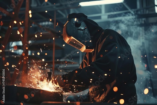 Industrial worker skillfully welding metal with precision Surrounded by sparks and soft focus of a busy workshop