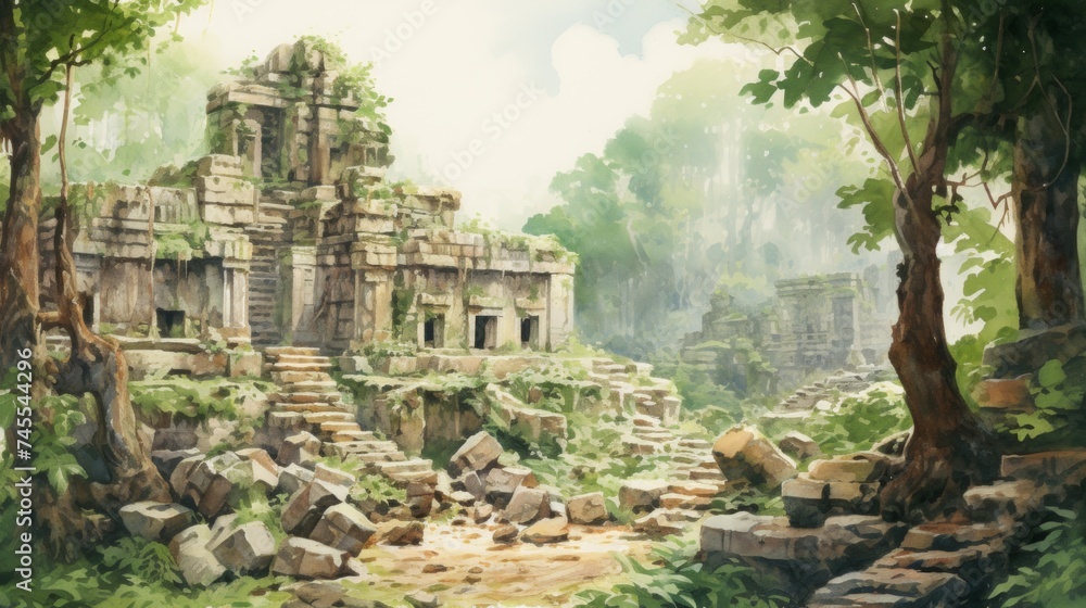 Generative AI Ancient ruins nestled in lush jungles. aquarelle