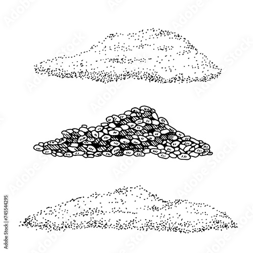 Sand pile Vector line art. Outline set of grit and rock. Hand drawn black and white graphic clipart. Linear drawing on isolated background. Under water texture illustration. Sea bottom sketch