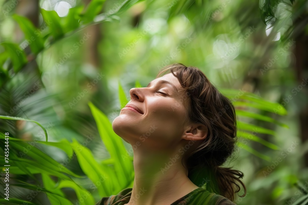 Woman enjoying the simplicity of breathing fresh air in a lush forest Highlighting the importance of nature and wellness Woman enjoying the simplicity of breathing fresh air in a lush forest Highlighting the importance of nature and wellness