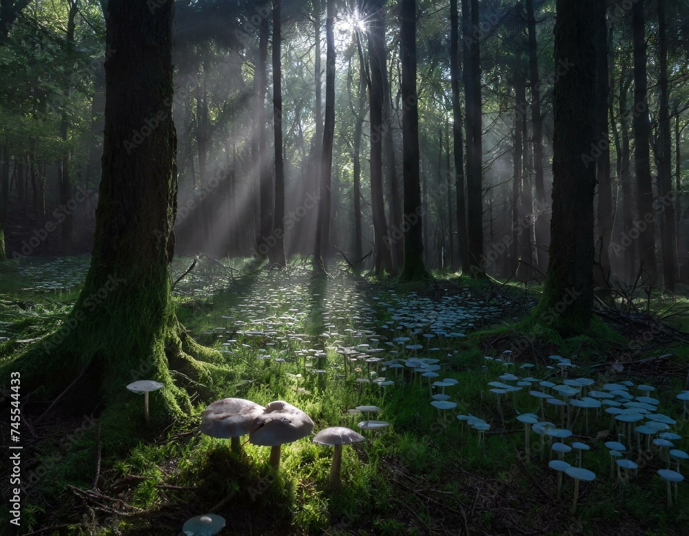 Picture a hidden grove where bioluminescent mushrooms carpet the forest floor - obrazy, fototapety, plakaty 