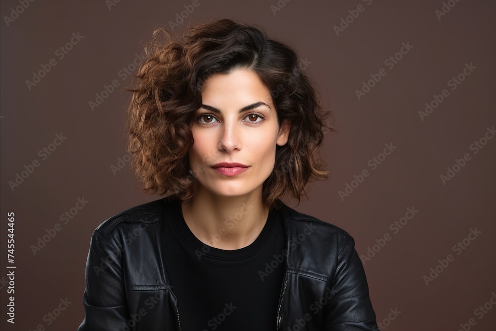 Portrait of a beautiful young brunette woman in black leather jacket. Portrait of a beautiful young brunette woman in black leather jacket.