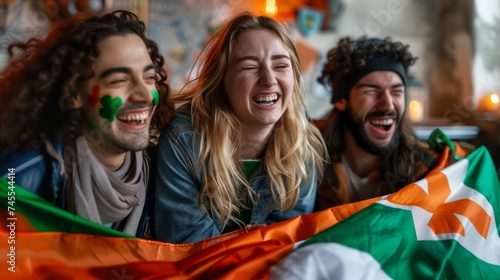 Group of Joyful Friends Celebrating St. Patrick's Day Together Holding Irish Flag with Laughter and Cheer