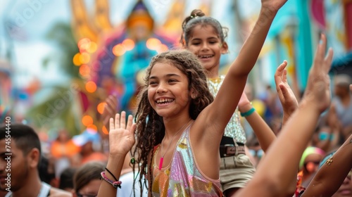 Joyful Young Girl Celebrating at Colorful Street Festival with Friends and Family Against Vivid Background
