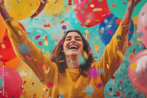 Young woman in a moment of euphoria with confetti and colorful balloons Celebration and joy concept