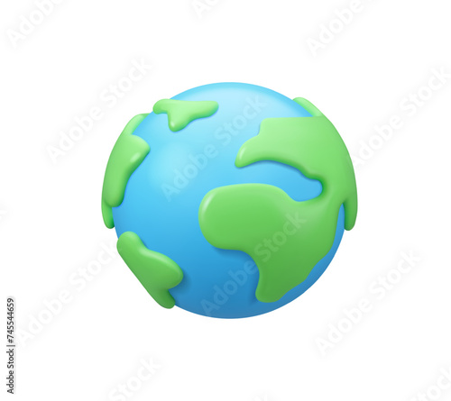 Earth icon vector 3d simple style. Globe cartoon illustration isolated on white background. Green continents and blue ocean plasticine model.
