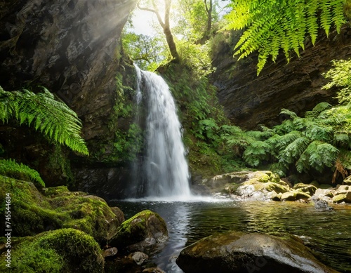 Picture a secluded waterfall framed by lush ferns. The water cascades into a crystal-clear