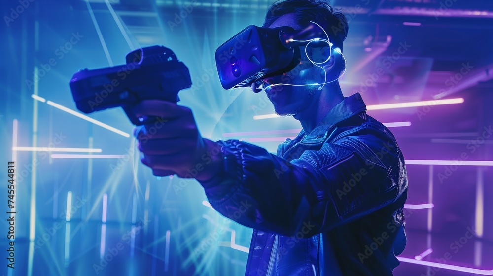 igital warrior in a VR eSports arena neon lights clashing with shaows igital warrior in a VR eSports arena neon lights clashing with shaows