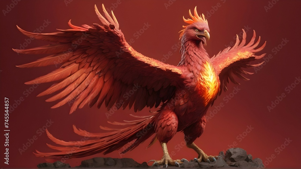 In a stunning display of power and fury, the phoenix rises from the ashes, its full body rendered in ultra-realistic detail against a solid, vibrant red backgroun