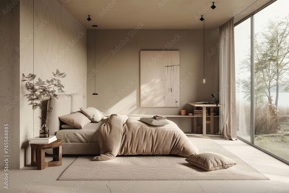 Modern minimalist bedroom with natural light and earth tones Scandinavian design