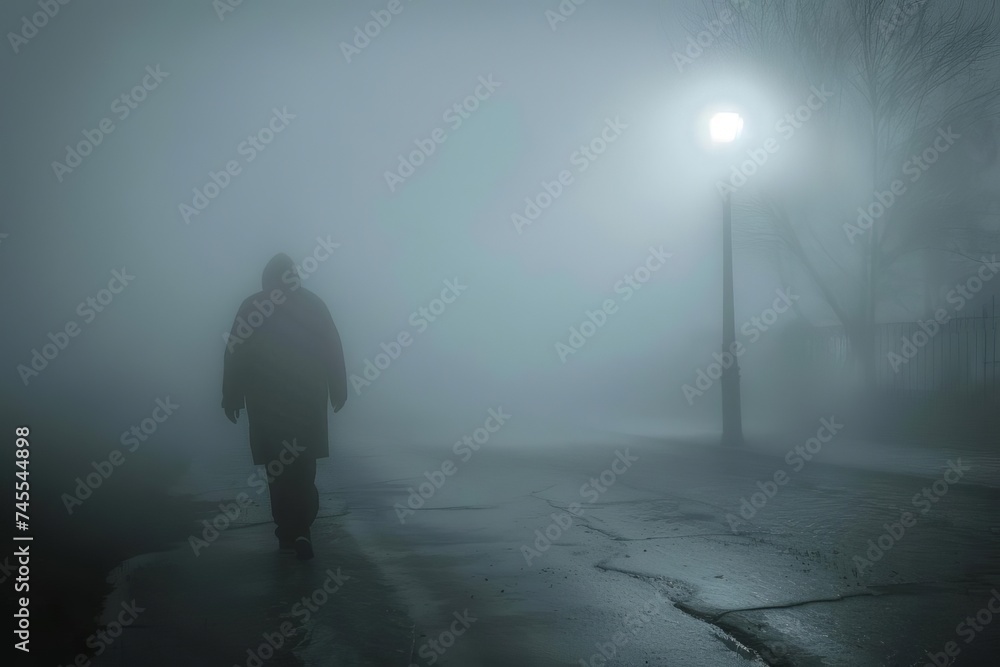 Mysterious figure walking down a foggy city street at night Illuminated by a single streetlight Evoking intrigue and suspense