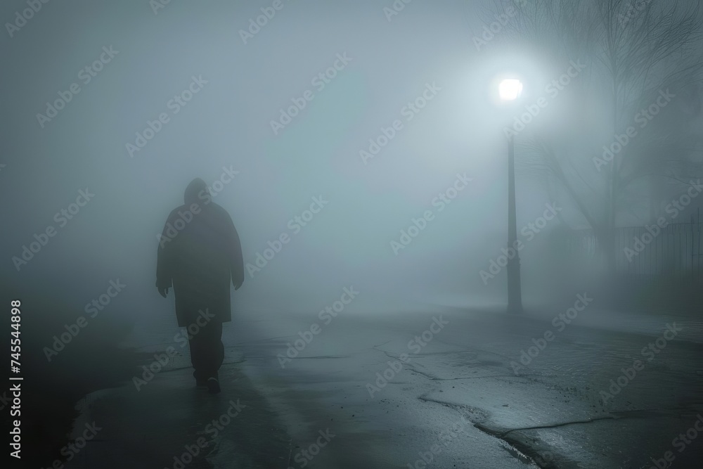 Mysterious figure walking down a foggy city street at night Illuminated by a single streetlight Evoking intrigue and suspense Mysterious figure walking down a foggy city street at night Illuminated by a single streetlight Evoking intrigue and suspense