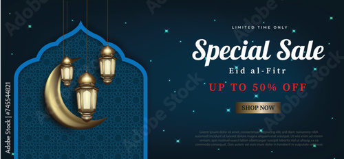 Horizontal sale banner template for eid al fitr celebration realistic design