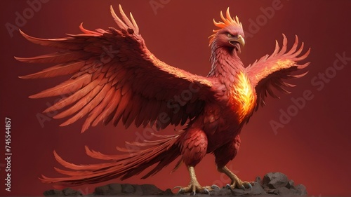 In a stunning display of power and fury  the phoenix rises from the ashes  its full body rendered in ultra-realistic detail against a solid  vibrant red backgroun