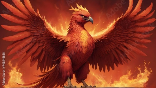 In a stunning display of power and fury, the phoenix rises from the ashes, its full body rendered in ultra-realistic detail against a solid, vibrant red backgroun © Zulfi_Art